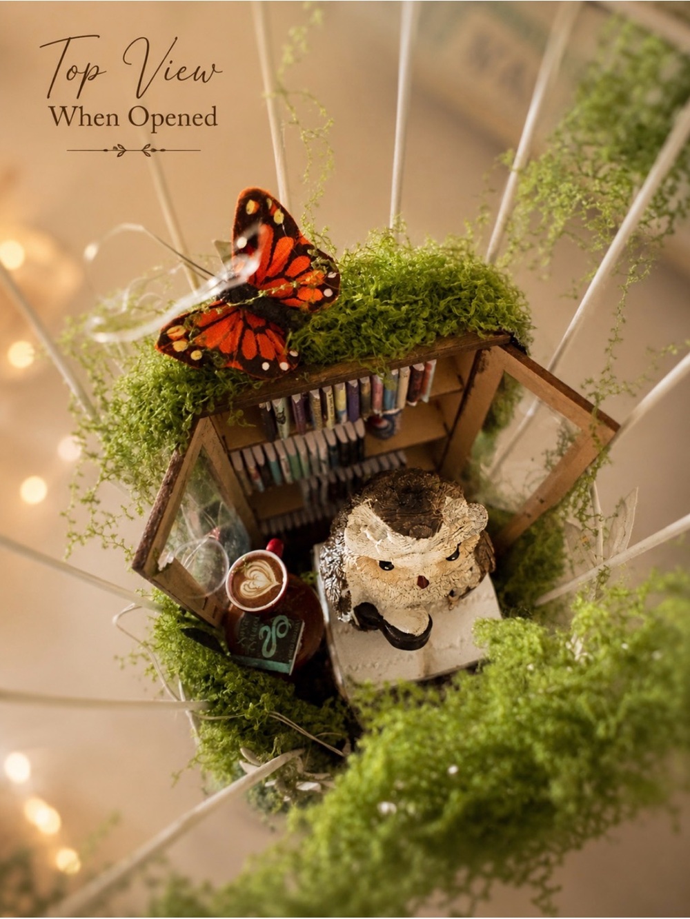 Handmade White Owl Birdcage Décor with Moss and LED Lights - Picture 5 of 6
